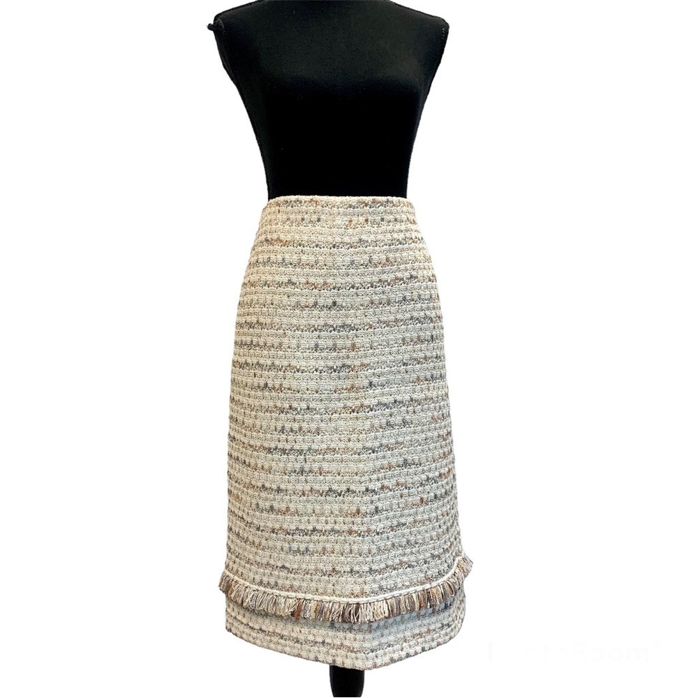 ST. John cream metallic gold tweed knit fringe pencil skirt Sz 10 stretchy